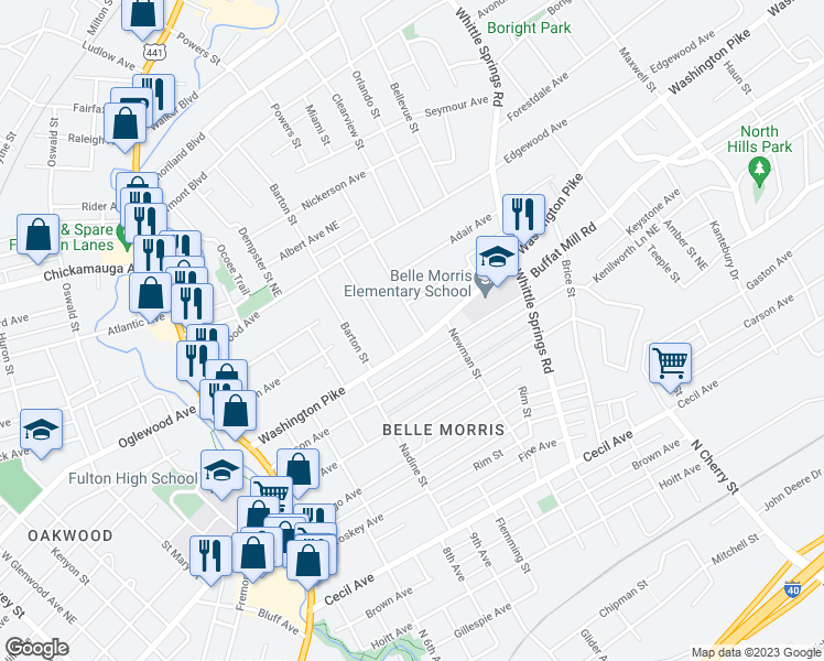 map of restaurants, bars, coffee shops, grocery stores, and more near 2620 Fairview Street in Knoxville