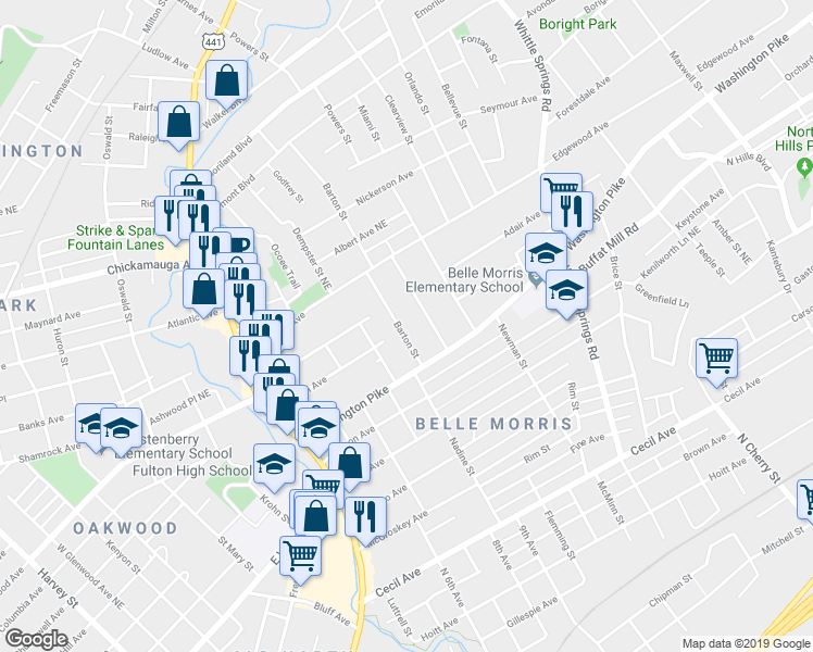 map of restaurants, bars, coffee shops, grocery stores, and more near 2718 Barton Street in Knoxville