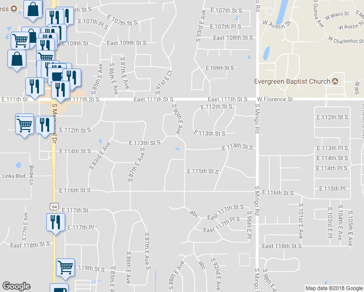 map of restaurants, bars, coffee shops, grocery stores, and more near 11310 South 91st East Avenue in Bixby