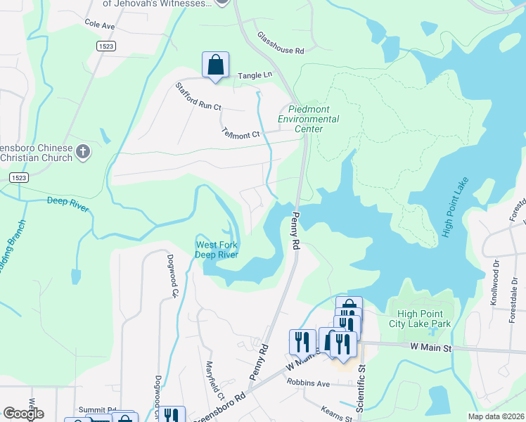 map of restaurants, bars, coffee shops, grocery stores, and more near 1107 Springview Drive in High Point