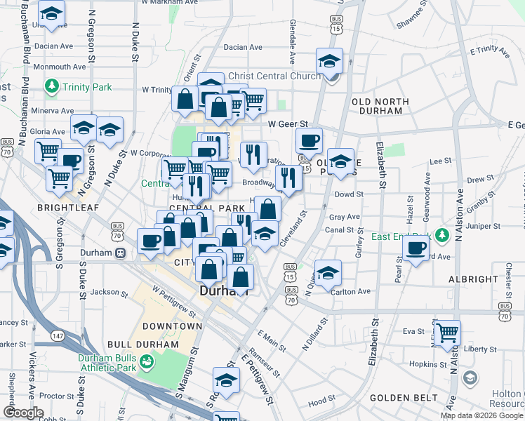 map of restaurants, bars, coffee shops, grocery stores, and more near 125 Hunt Street in Durham