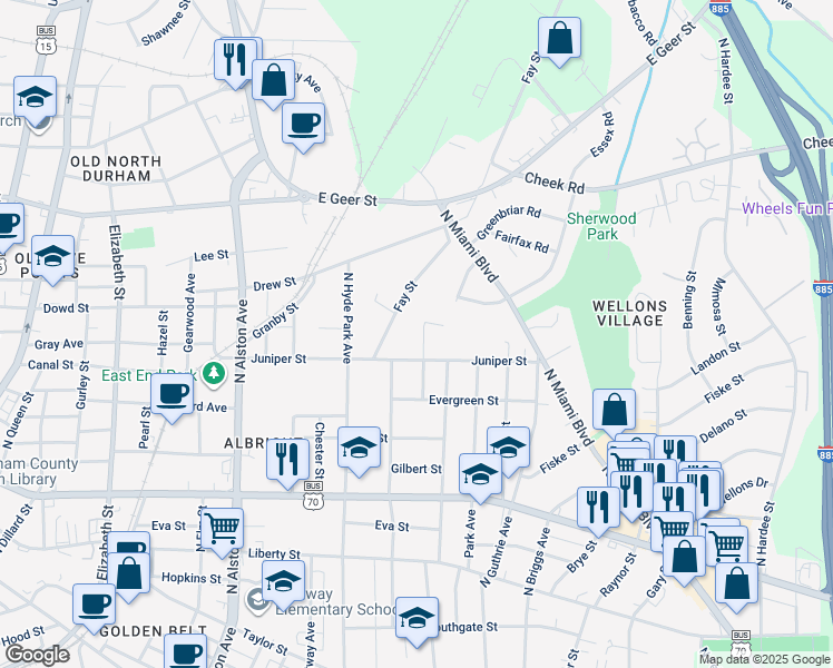 map of restaurants, bars, coffee shops, grocery stores, and more near 1317 Ivy Street in Durham