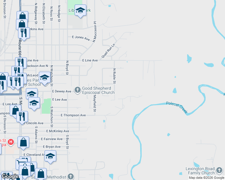 map of restaurants, bars, coffee shops, grocery stores, and more near 1718 East Hobson Avenue in Sapulpa