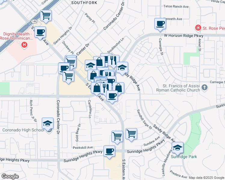 map of restaurants, bars, coffee shops, grocery stores, and more near 10608 South Eastern Avenue in Henderson
