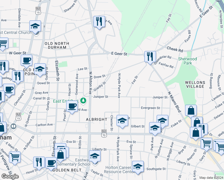 map of restaurants, bars, coffee shops, grocery stores, and more near 1120 Elmo Street in Durham