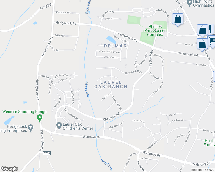 map of restaurants, bars, coffee shops, grocery stores, and more near 909 Big Creek Court in High Point