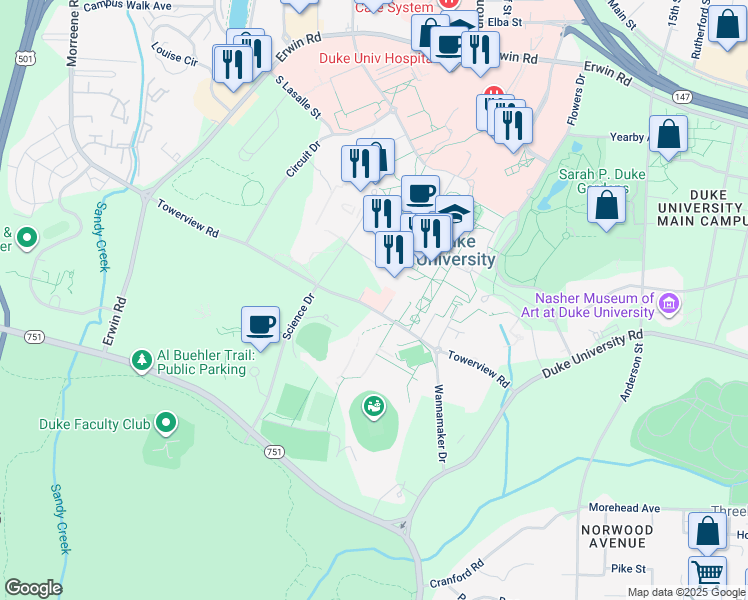 map of restaurants, bars, coffee shops, grocery stores, and more near 305 Towerview Road in Durham