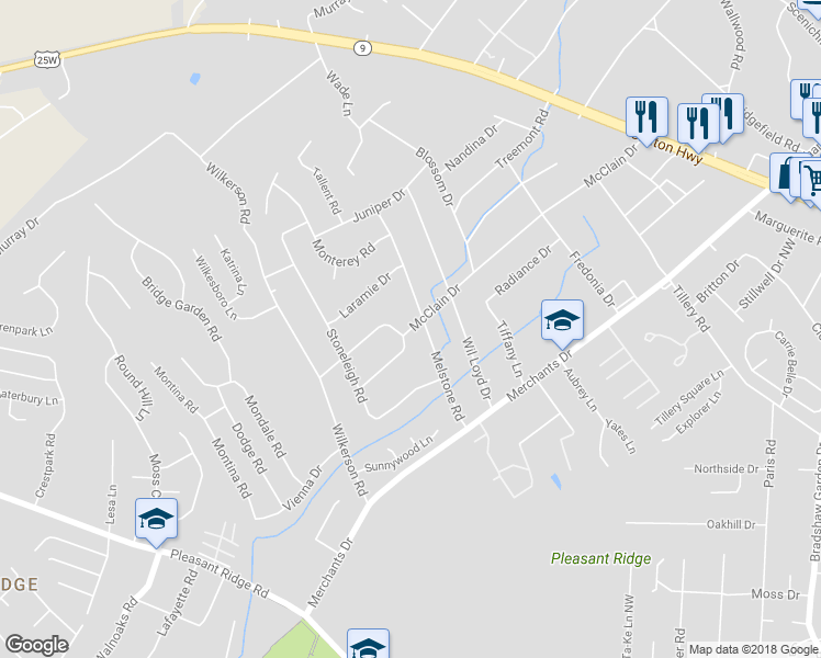 map of restaurants, bars, coffee shops, grocery stores, and more near 5605 Stoneleigh Road in Knoxville