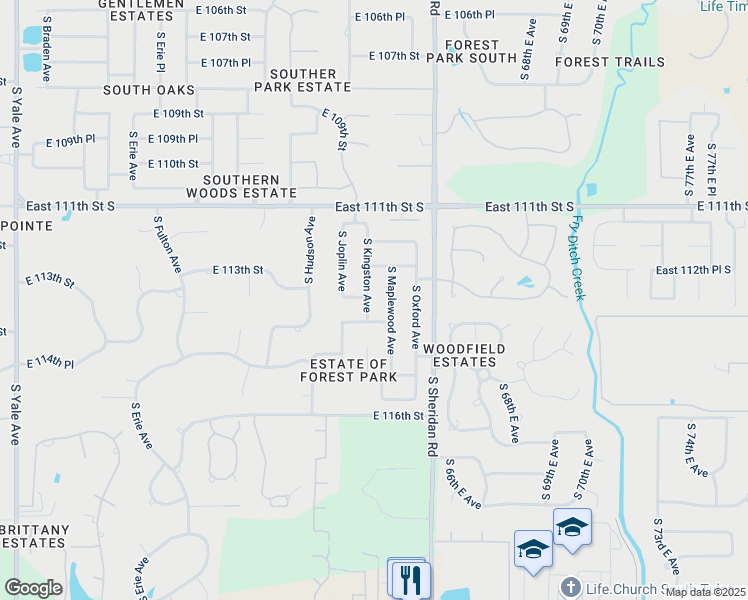 map of restaurants, bars, coffee shops, grocery stores, and more near 11245 South Kingston Avenue in Tulsa