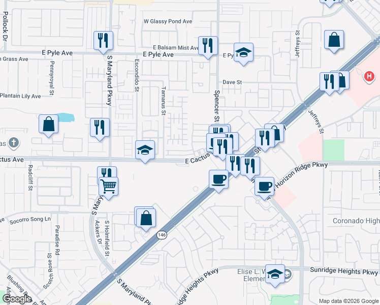 map of restaurants, bars, coffee shops, grocery stores, and more near 1650 Spanish Sky Avenue in Las Vegas