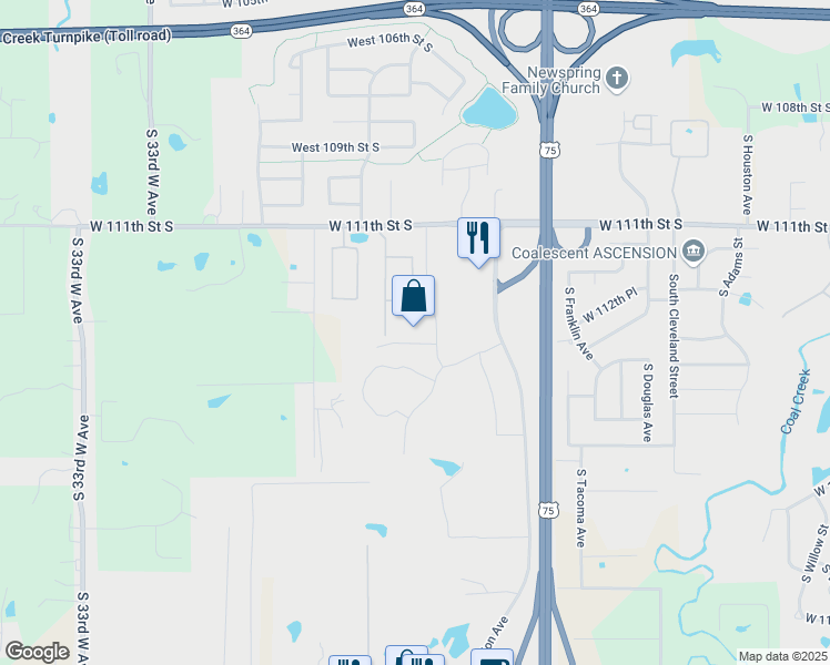 map of restaurants, bars, coffee shops, grocery stores, and more near 11240 South James Avenue in Jenks