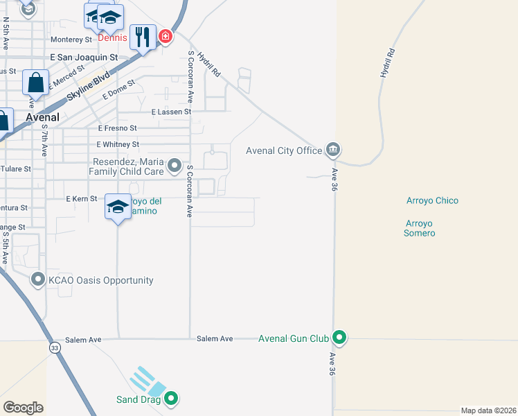 map of restaurants, bars, coffee shops, grocery stores, and more near 909 Grangeville Avenue in Avenal