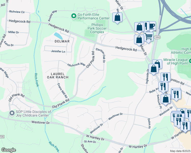 map of restaurants, bars, coffee shops, grocery stores, and more near 5904 Mineral Springs Court in High Point