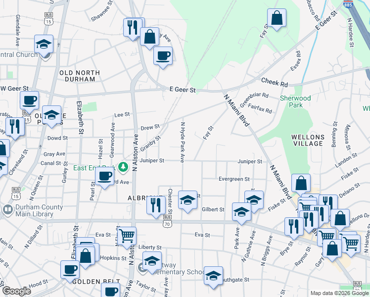map of restaurants, bars, coffee shops, grocery stores, and more near 1310 North Hyde Park Avenue in Durham