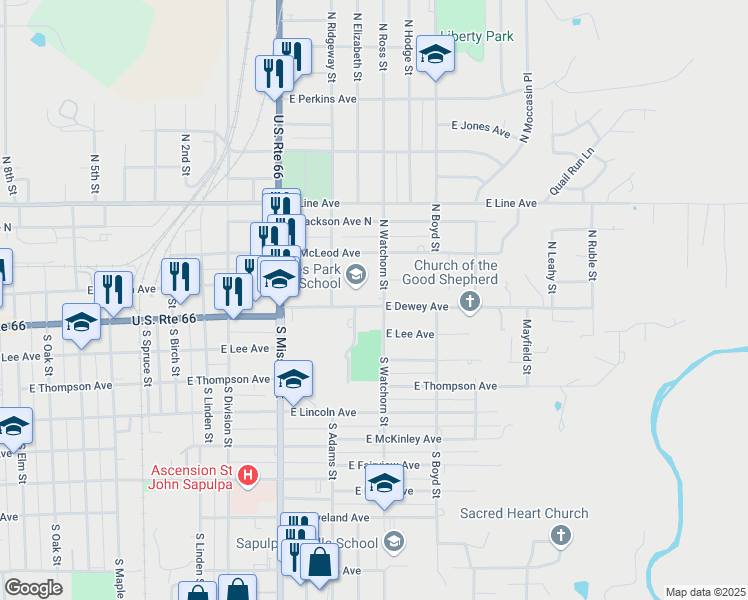 map of restaurants, bars, coffee shops, grocery stores, and more near 1243 East Dewey Avenue in Sapulpa