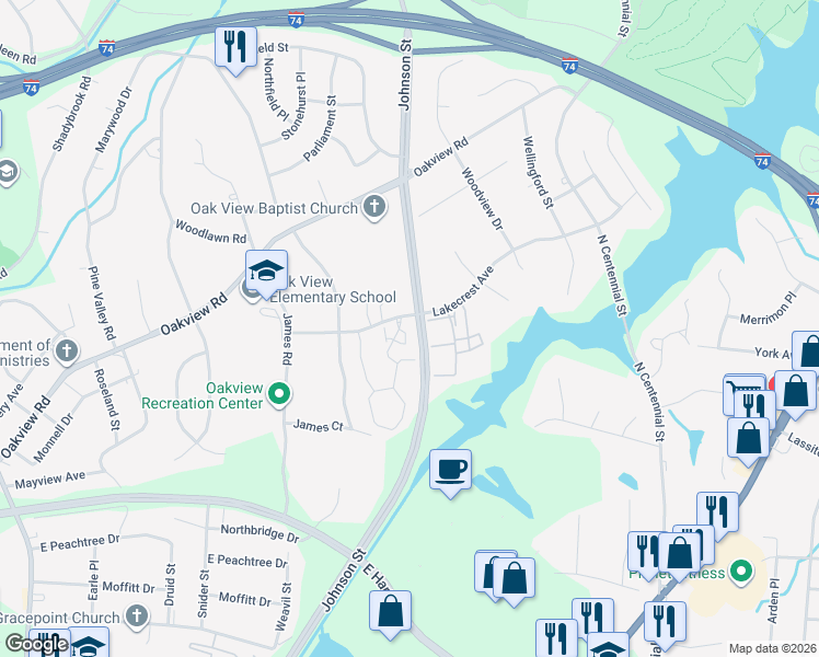 map of restaurants, bars, coffee shops, grocery stores, and more near 884 Lakecrest Avenue in High Point