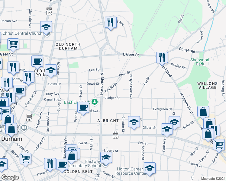 map of restaurants, bars, coffee shops, grocery stores, and more near 1319 Calvin Street in Durham