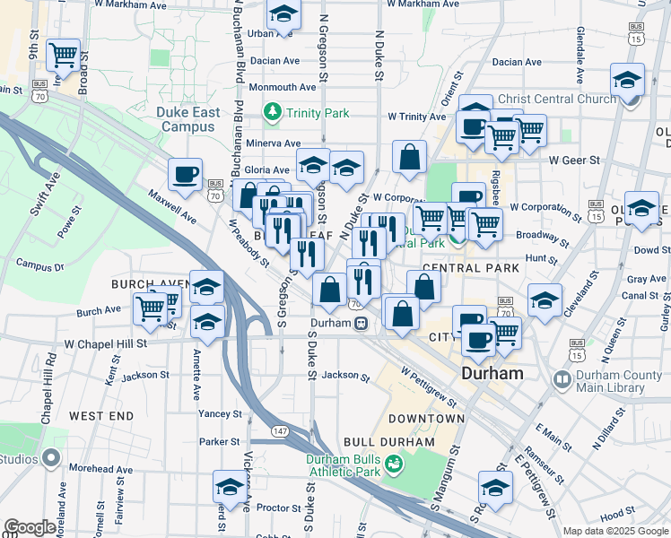 map of restaurants, bars, coffee shops, grocery stores, and more near 710 West Main Street in Durham