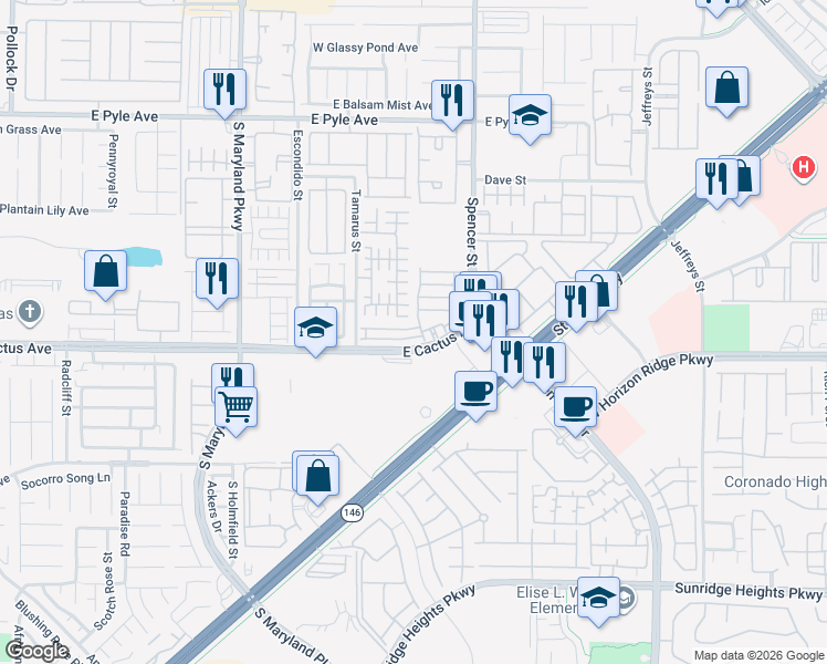 map of restaurants, bars, coffee shops, grocery stores, and more near 1650 Spanish Sky Avenue in Las Vegas