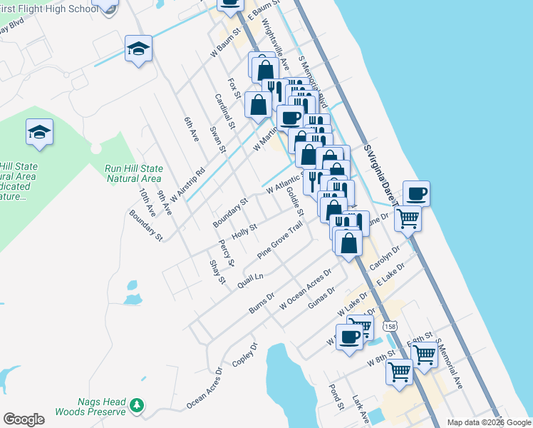 map of restaurants, bars, coffee shops, grocery stores, and more near 1309 Rosa Street in Kill Devil Hills