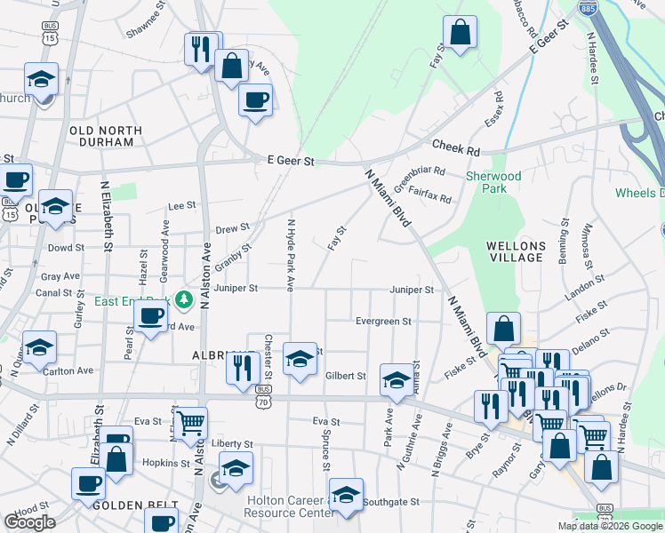 map of restaurants, bars, coffee shops, grocery stores, and more near 1329 Ivy Street in Durham