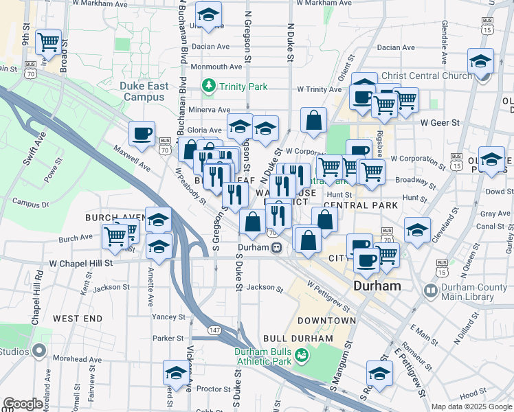 map of restaurants, bars, coffee shops, grocery stores, and more near 711 West Morgan Street in Durham