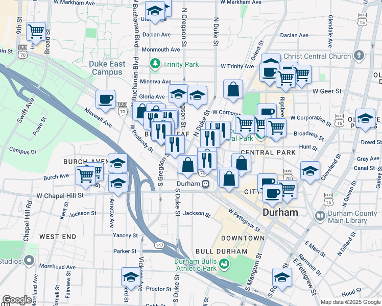 map of restaurants, bars, coffee shops, grocery stores, and more near 710 West Main Street in Durham