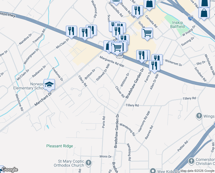 map of restaurants, bars, coffee shops, grocery stores, and more near 5117 Clover Road in Knoxville