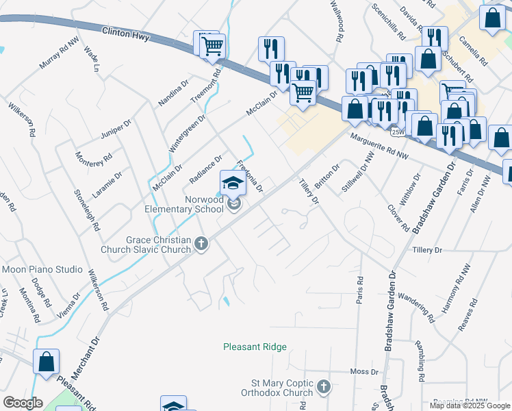 map of restaurants, bars, coffee shops, grocery stores, and more near 1716 Merchants Drive in Knoxville