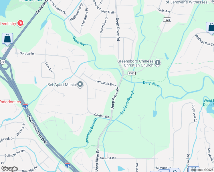 map of restaurants, bars, coffee shops, grocery stores, and more near 3547 Lamplight Way in High Point