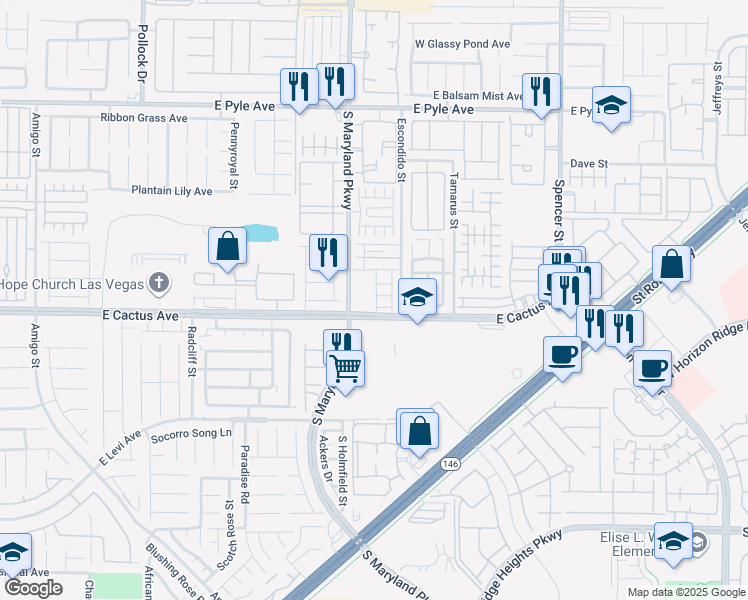 map of restaurants, bars, coffee shops, grocery stores, and more near 10471 Meadow Village Street in Las Vegas
