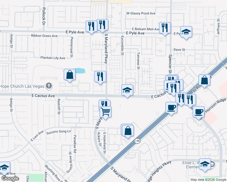 map of restaurants, bars, coffee shops, grocery stores, and more near 10471 Meadow Village Street in Las Vegas