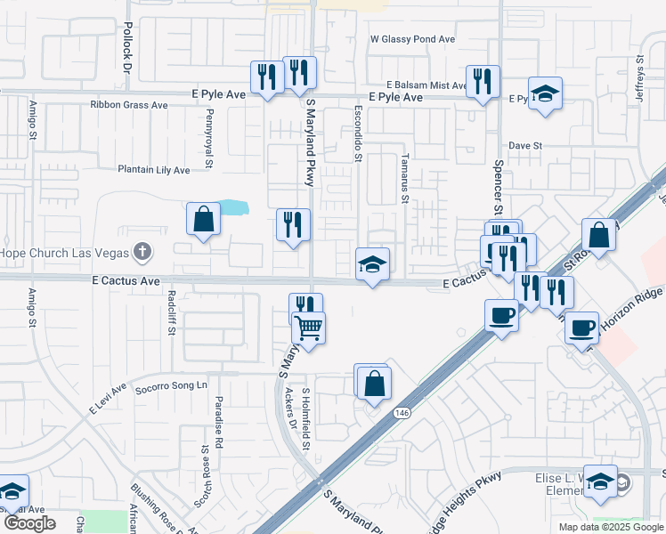 map of restaurants, bars, coffee shops, grocery stores, and more near 10471 Meadow Village Street in Las Vegas