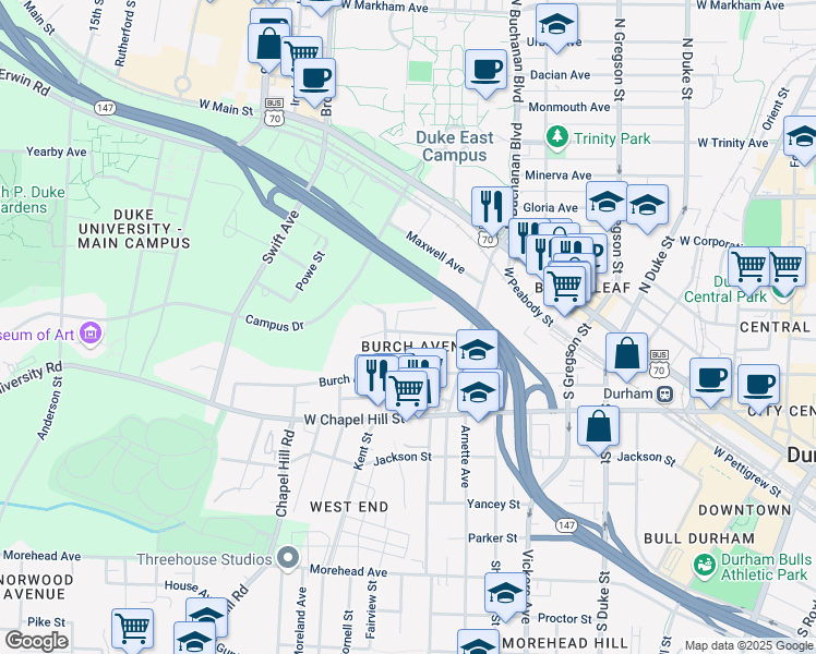 map of restaurants, bars, coffee shops, grocery stores, and more near 830 Wilkerson Avenue in Durham