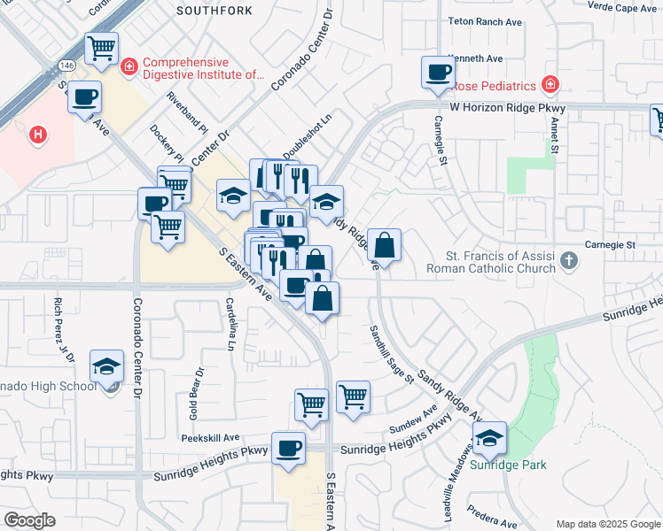 map of restaurants, bars, coffee shops, grocery stores, and more near 2576 Mizzoni Circle in Henderson