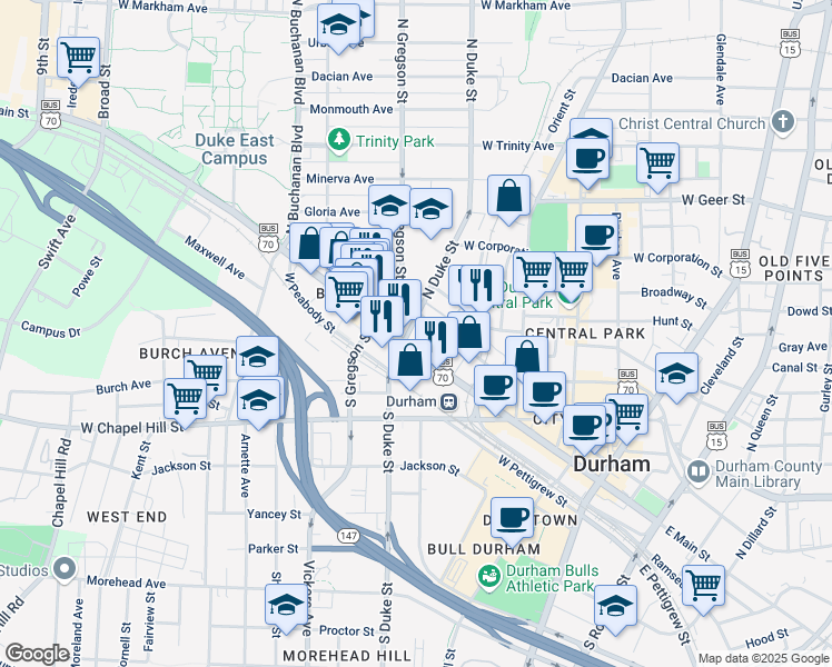 map of restaurants, bars, coffee shops, grocery stores, and more near 711 West Morgan Street in Durham