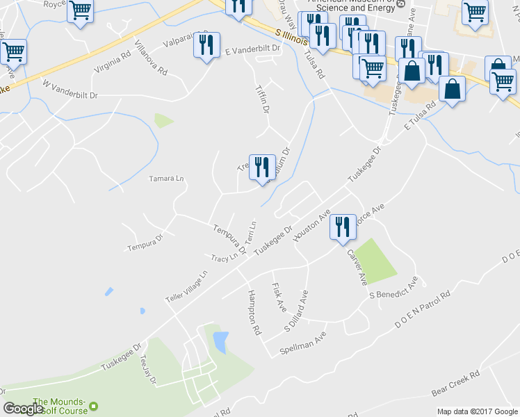map of restaurants, bars, coffee shops, grocery stores, and more near 116 Terri Lane in Oak Ridge