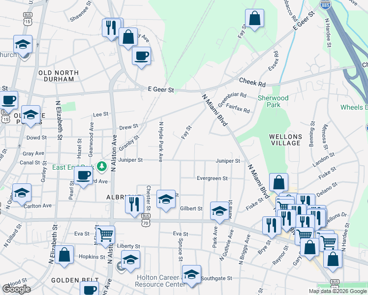 map of restaurants, bars, coffee shops, grocery stores, and more near 1329 Ivy Street in Durham