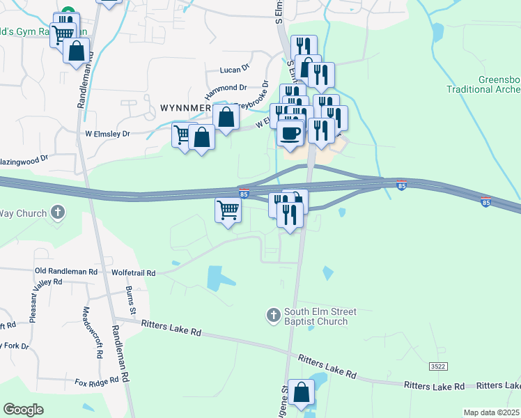 map of restaurants, bars, coffee shops, grocery stores, and more near Sandbar Circle in Greensboro