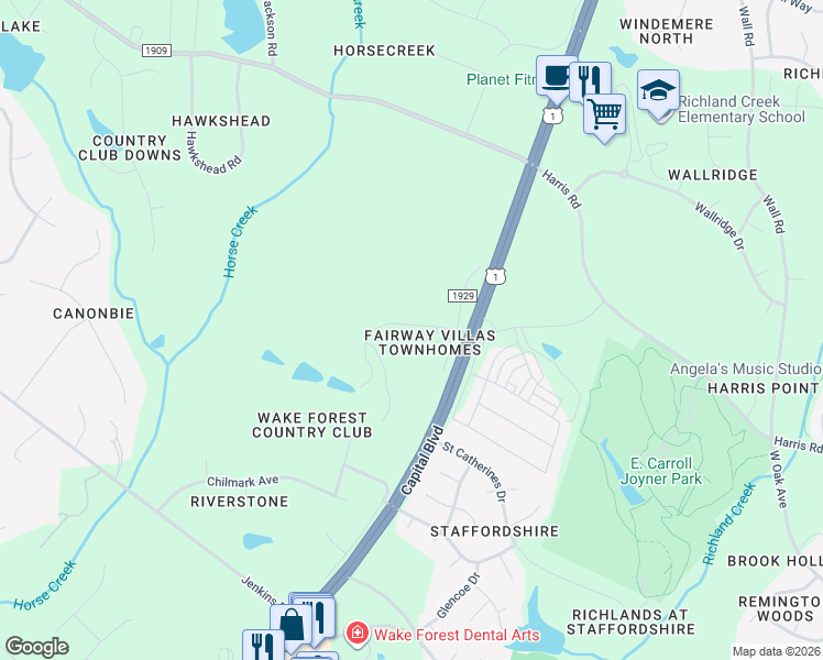 map of restaurants, bars, coffee shops, grocery stores, and more near 1101 Fairway Villas Drive in Wake Forest