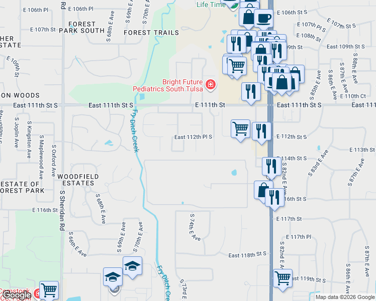 map of restaurants, bars, coffee shops, grocery stores, and more near 11265 South 73rd East Place in Bixby