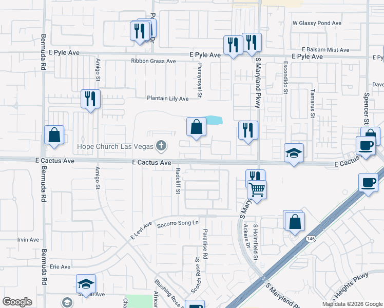 map of restaurants, bars, coffee shops, grocery stores, and more near 990 East Cactus Avenue in Las Vegas