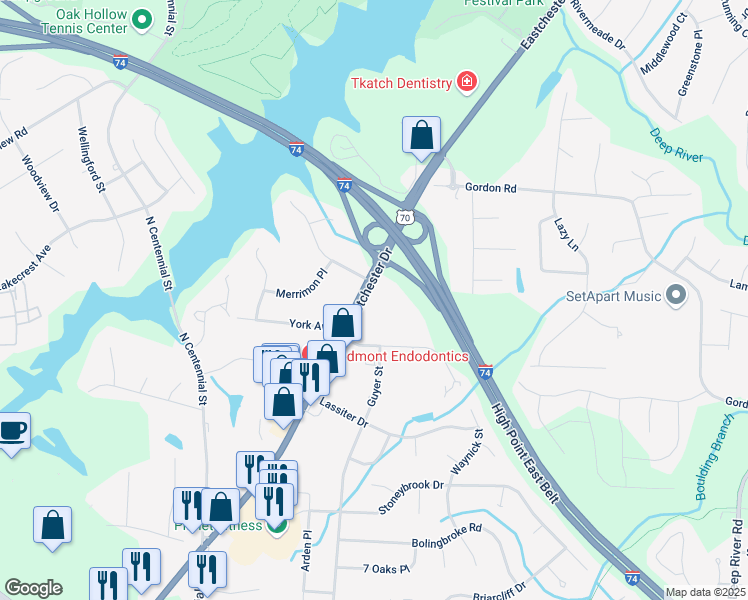 map of restaurants, bars, coffee shops, grocery stores, and more near 1611 Eastchester Drive in High Point