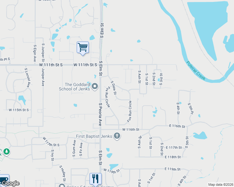 map of restaurants, bars, coffee shops, grocery stores, and more near 22 Fox Run Circle in Jenks