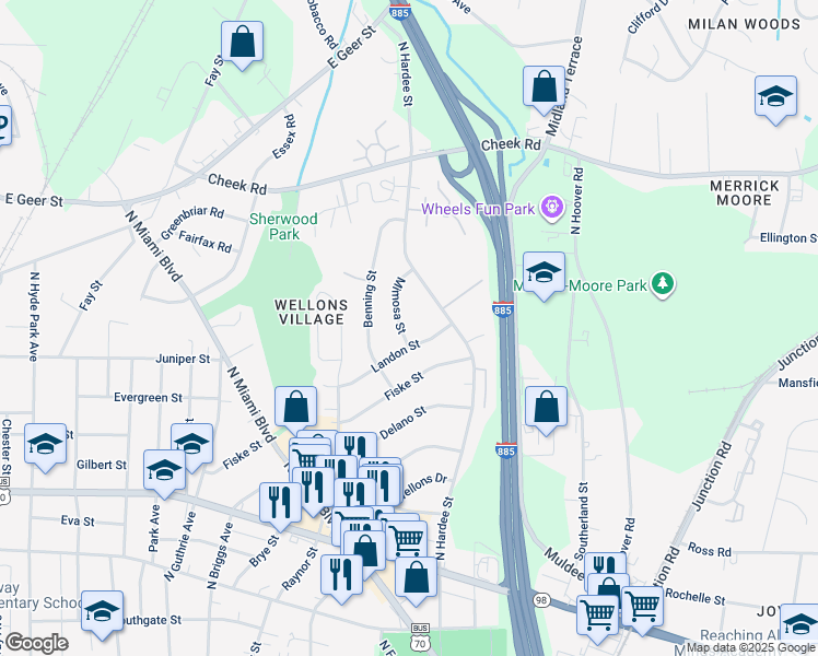 map of restaurants, bars, coffee shops, grocery stores, and more near 606 Mimosa Street in Durham