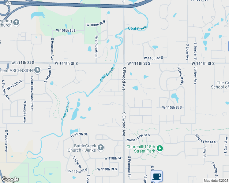 map of restaurants, bars, coffee shops, grocery stores, and more near 11123 South Redbud Place in Jenks