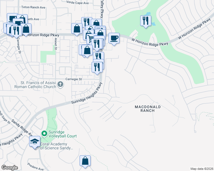 map of restaurants, bars, coffee shops, grocery stores, and more near 771 Glowing Horizon Street in Henderson