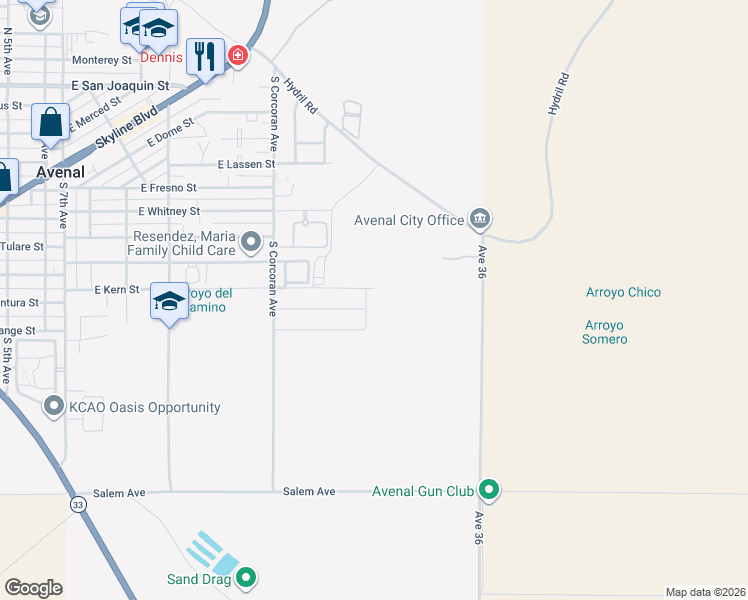 map of restaurants, bars, coffee shops, grocery stores, and more near 909 Grangeville Avenue in Avenal