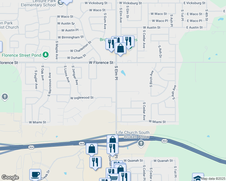 map of restaurants, bars, coffee shops, grocery stores, and more near 5272 South Elm Place in Broken Arrow
