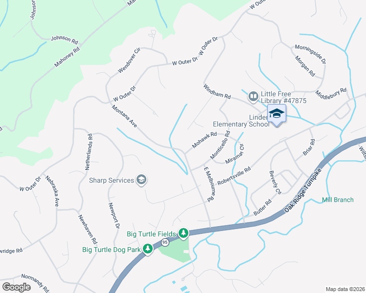 map of restaurants, bars, coffee shops, grocery stores, and more near 118 Mohawk Road in Oak Ridge